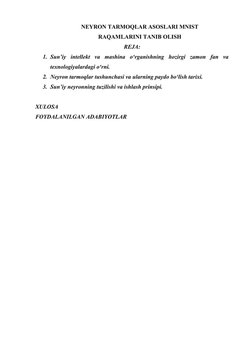 NEYRON TARMOQLAR ASOSLARI MNIST RAQAMLARINI TANIB OLISH