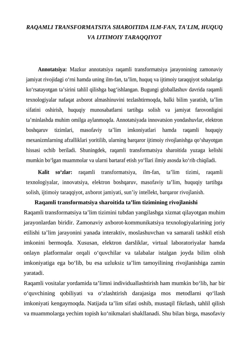 RAQAMLI TRANSFORMATSIYA SHAROITIDA ILM-FAN, TA'LIM, HUQUQ VA IJTIMOIY TARAQQIYOT