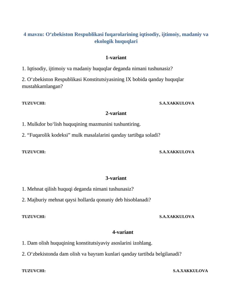 O‘zbekiston Respublikasi fuqarolarining iqtisodiy, ijtimoiy, madaniy va ekologik huquqlari