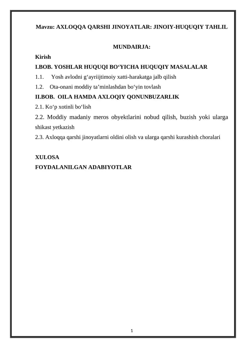 AXLOQQA QARSHI JINOYATLAR: JINOIY-HUQUQIY TAHLIL