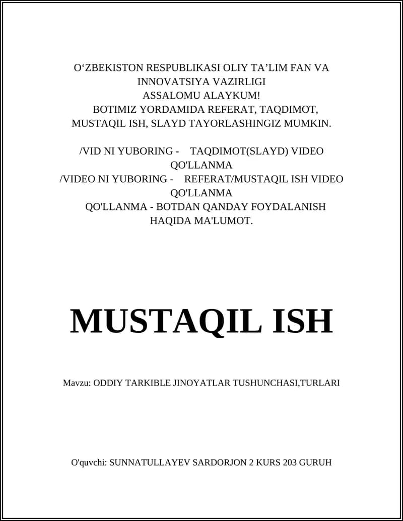 ODDIY TARKIBLE JINOYATLAR TUSHUNCHASI