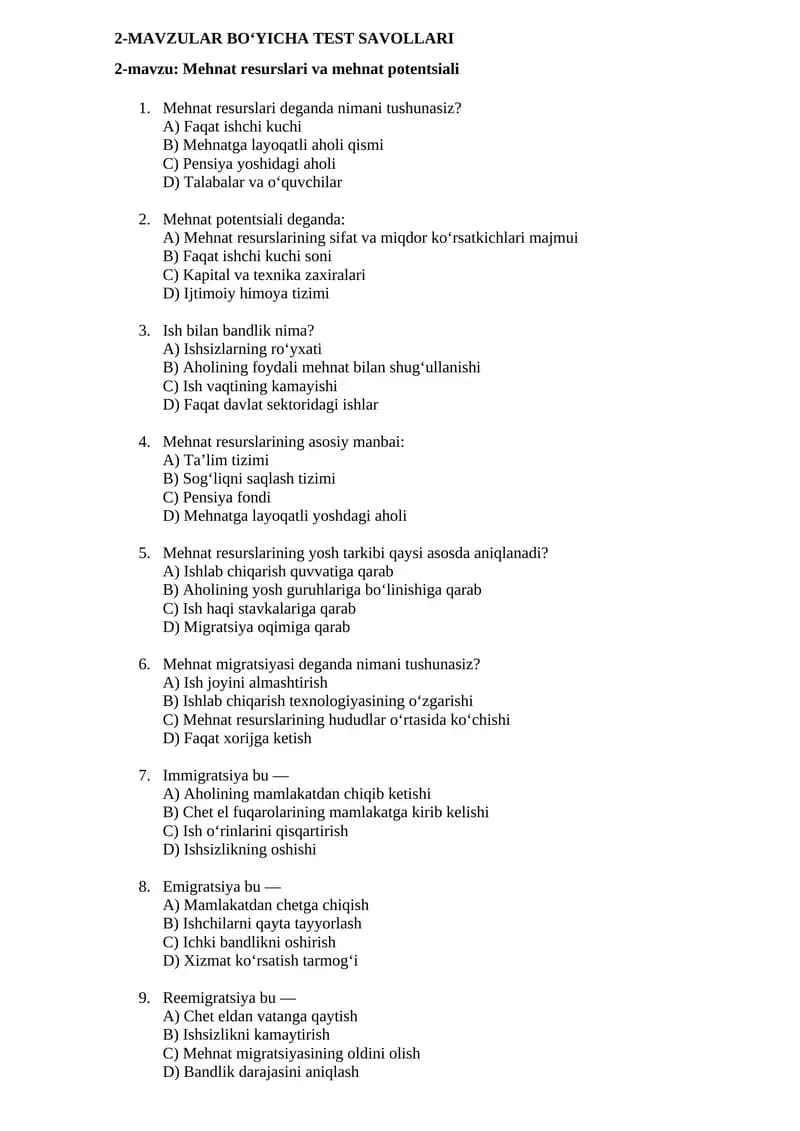 Mehnat resurslari va mehnat potentsiali