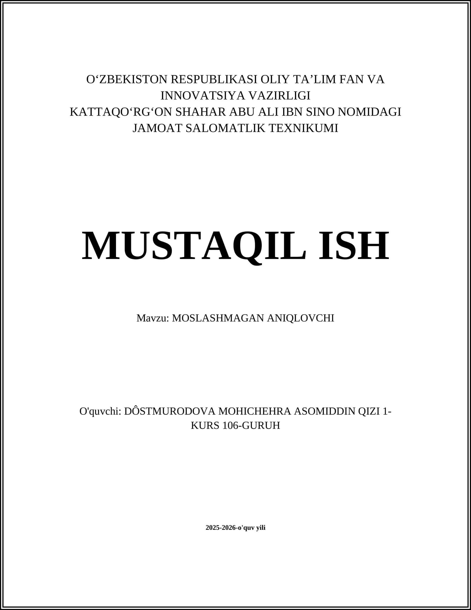 MOSLASHMAGAN ANIQLOVCHI