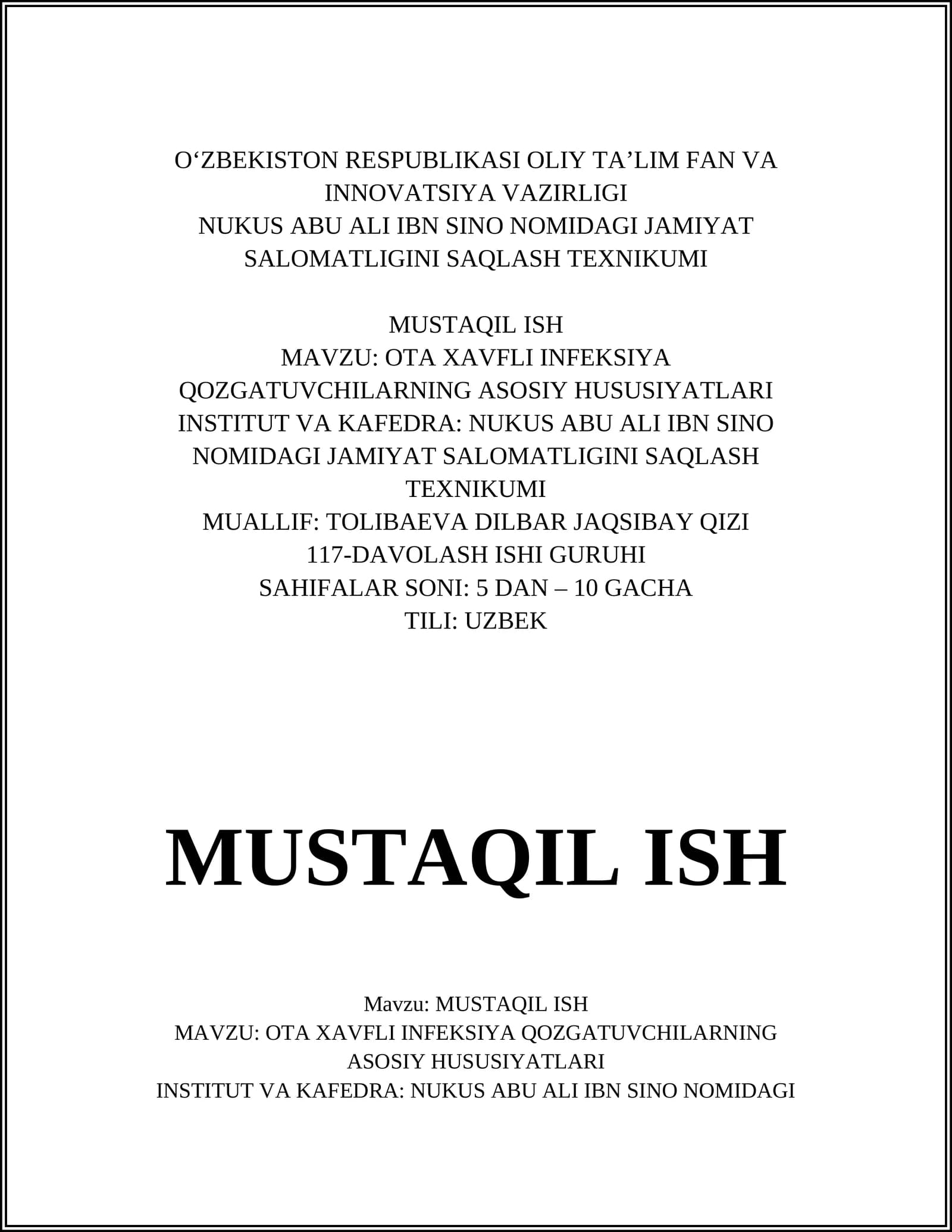 OTA XAVFLI INFEKSIYA QOZGATUVCHILARNING ASOSIY HUSUSIYATLARI