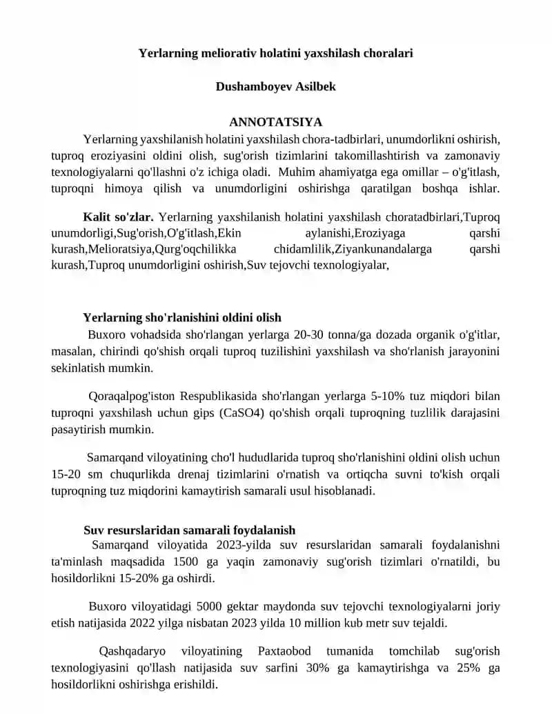 Yerlarning meliorativ holatini yaxshilash choralari
