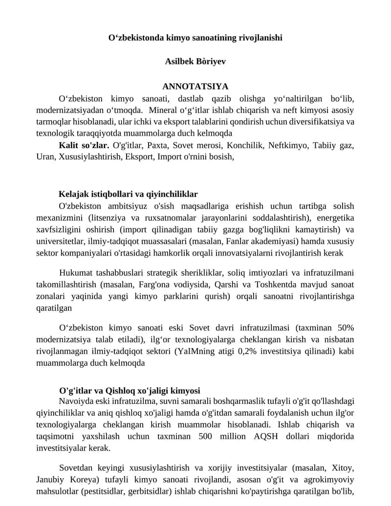 Oʻzbekistonda kimyo sanoatining rivojlanishi