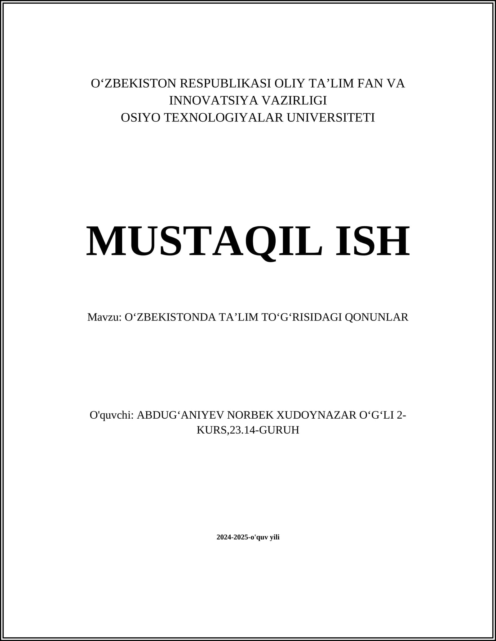 OʻZBEKISTONDA TAʼLIM TOʻGʻRISIDAGI QONUNLAR
