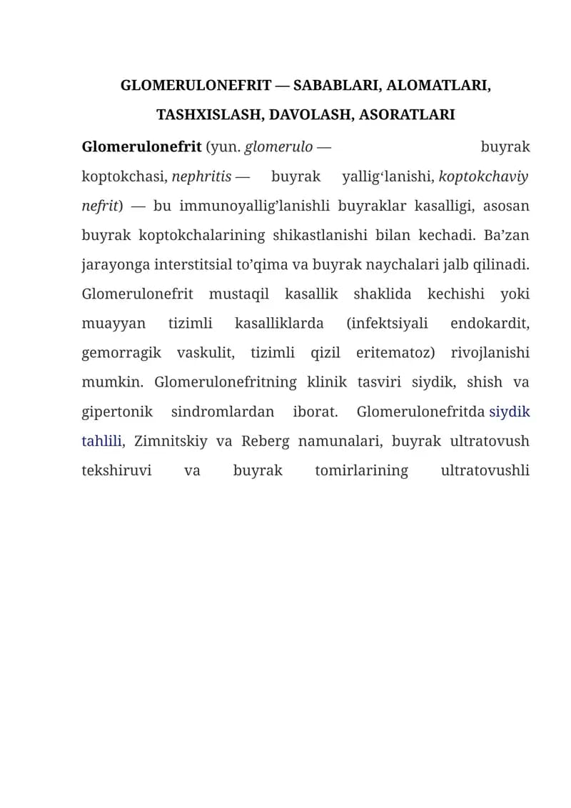 GLOMERULONEFRIT — SABABLARI, ALOMATLARI, TASHXISLASH, DAVOLASH, ASORATLARI