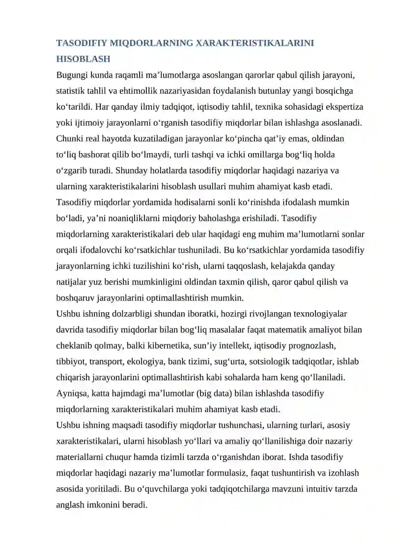TASODIFIY MIQDORLARNING XARAKTERISTIKALARINI HISOBLASH