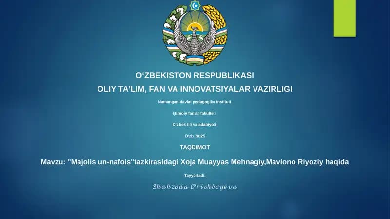 Majolis un-nafois tazkirasidagi Xoja Muayyas Mehnagiy va Mavlono Riyoziy