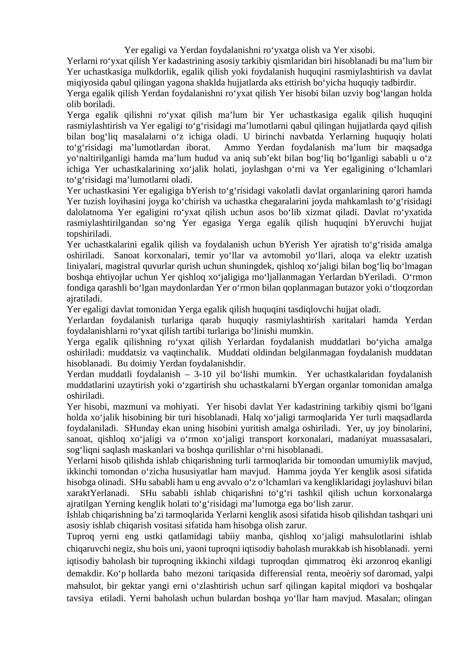 Yer egaligi va Yerdan foydalanishni ro‘yxatga olish va Yer xisobi