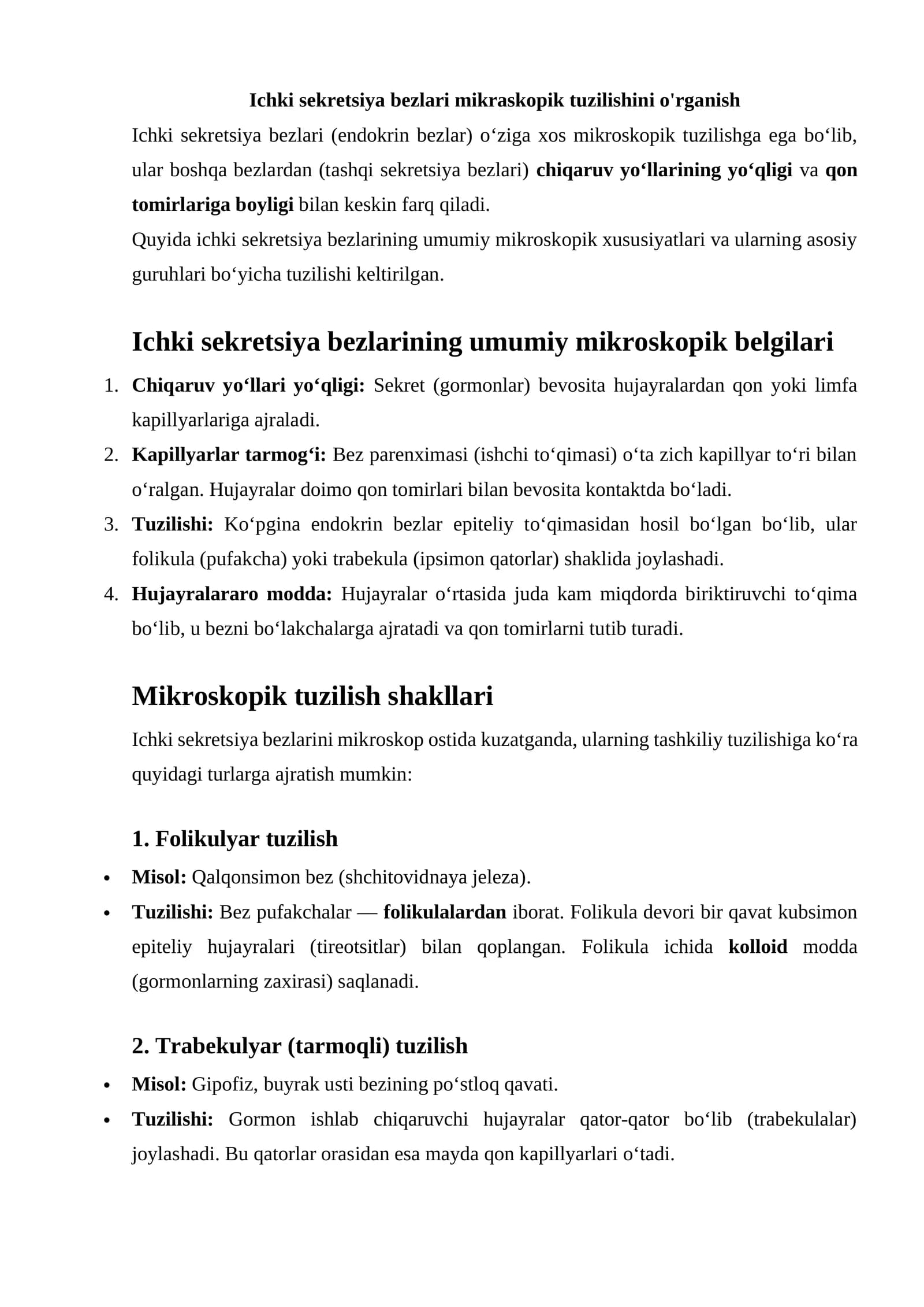 Ichki sekretsiya bezlari mikraskopik tuzilishini o'rganish