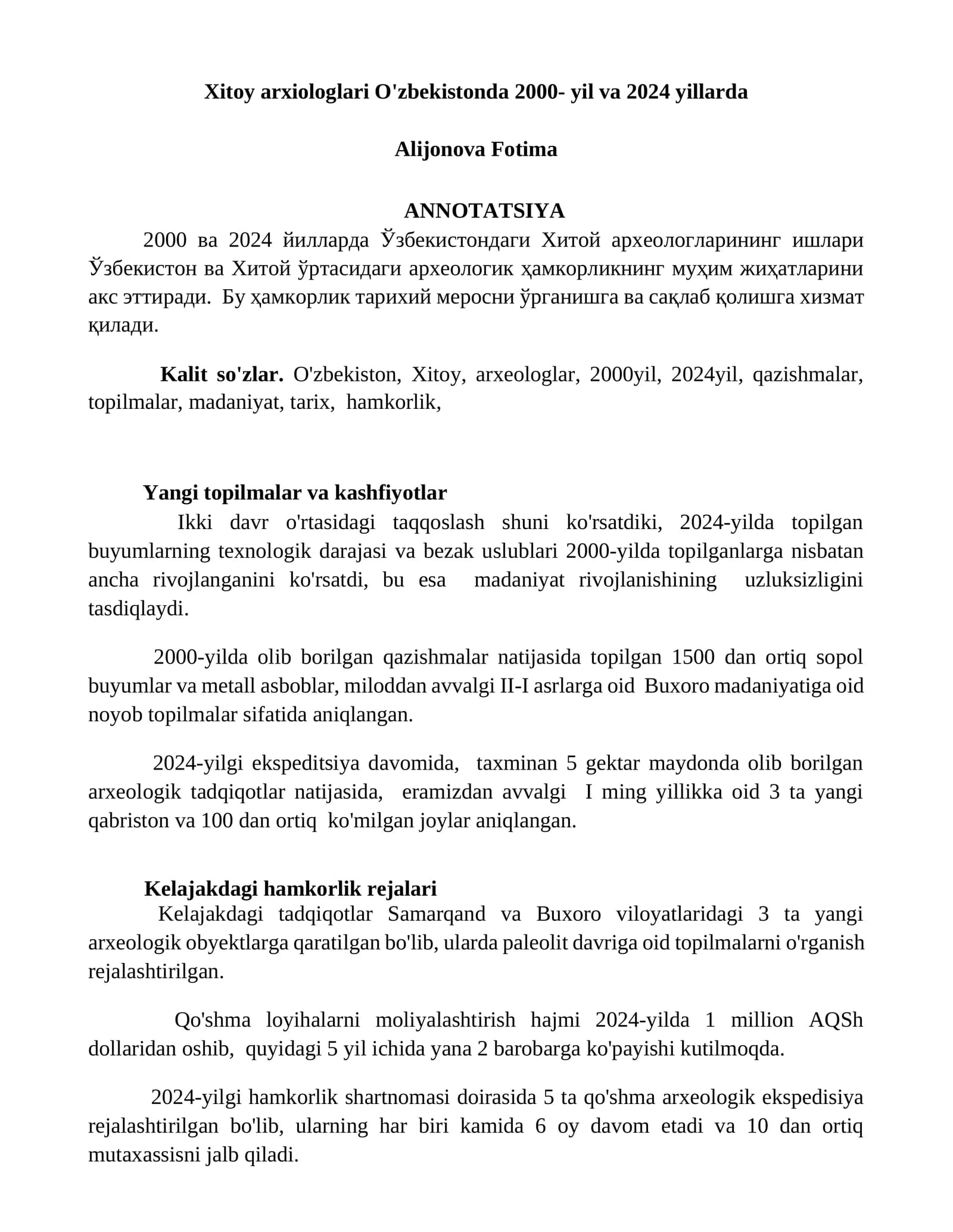 Xitoy arxiologlari O'zbekistonda 2000- yil va 2024 yillarda