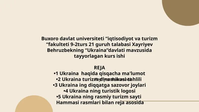 Xayriyev Behruzbekning “Ukraina”davlati mavzusida tayyorlagan kurs ishi