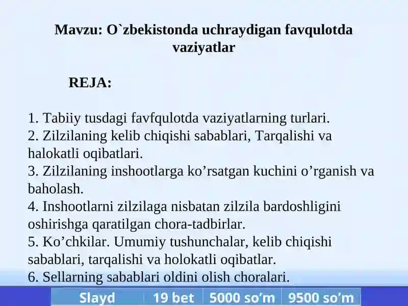 O`zbekistonda uchraydigan favqulotda vaziyatlar
