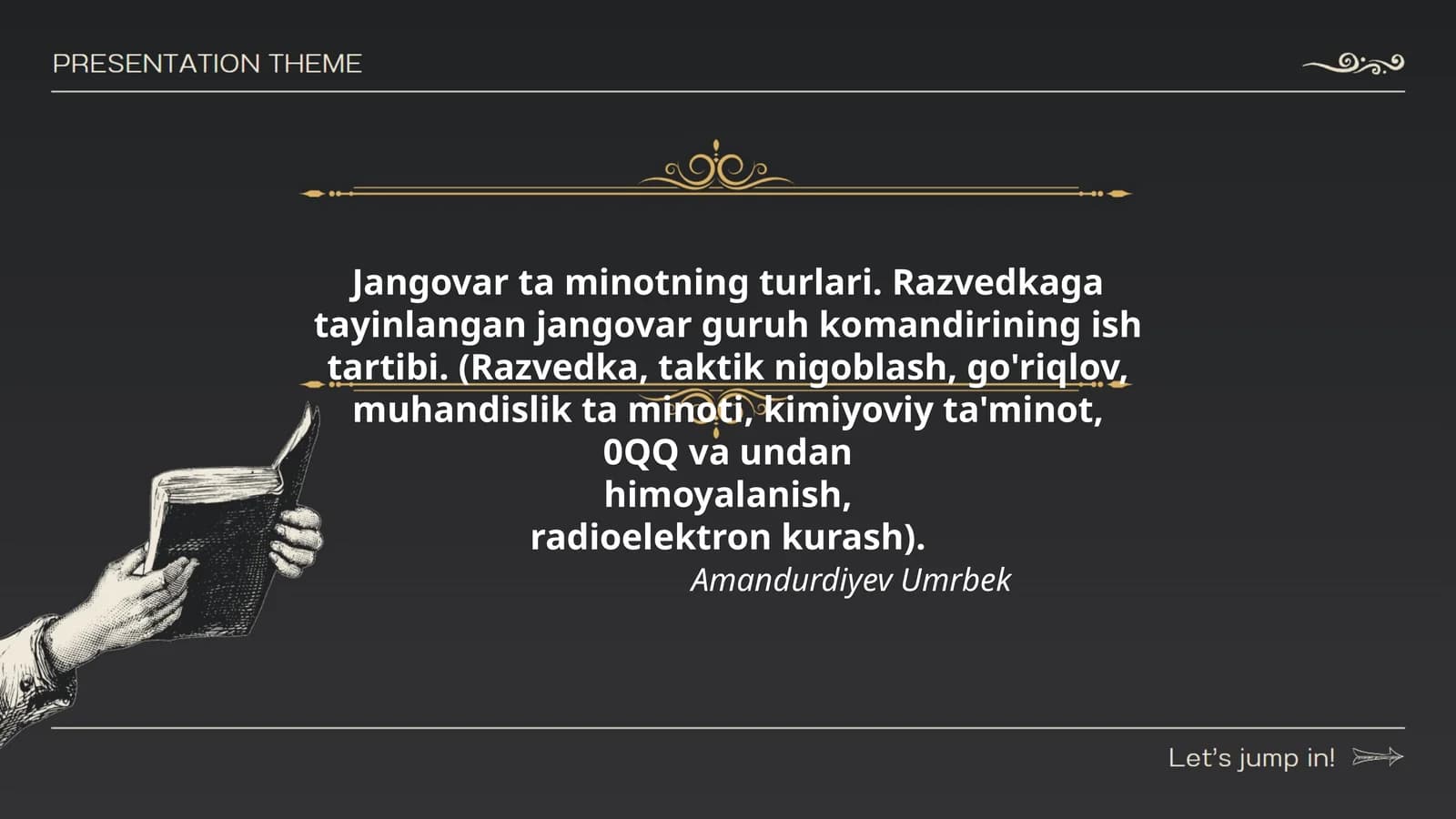 Jangovar ta minotning turlari. Razvedkaga