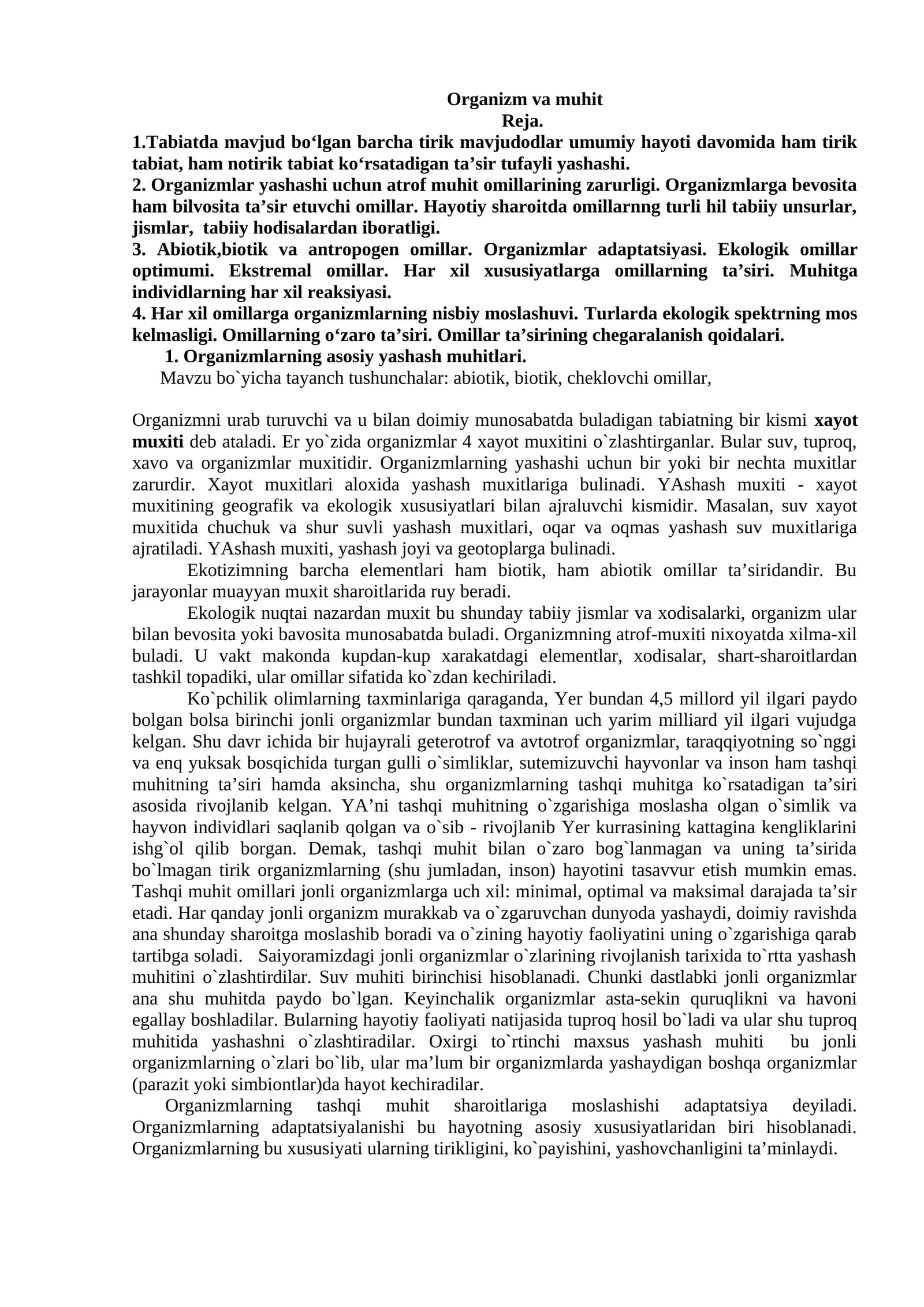 Organizm va muhit