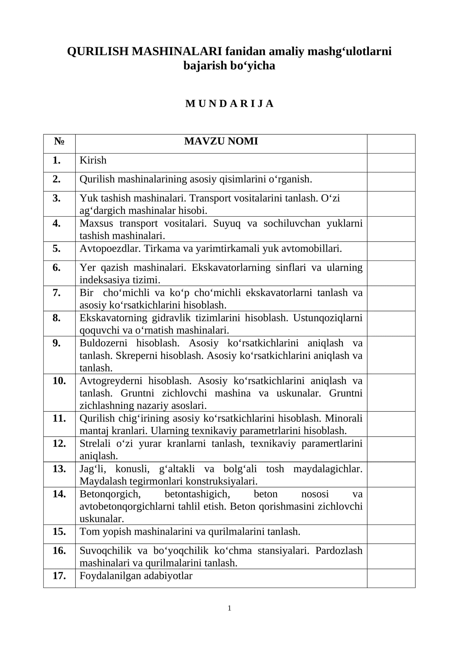 Qurilish mashinalari fanidan amaliy mashgʻulotlarni bajarish boʻyicha
