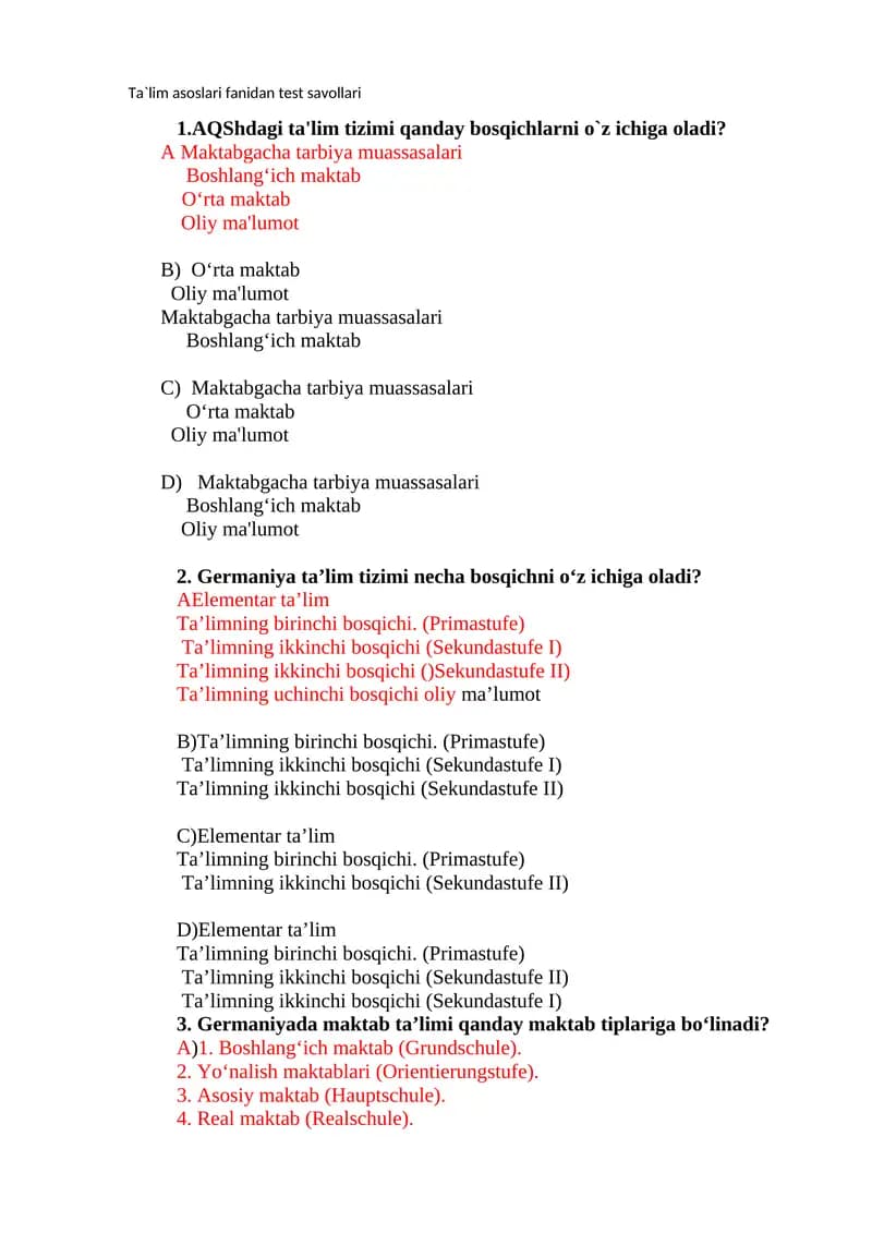 Ta`lim asoslari fanidan test savollari