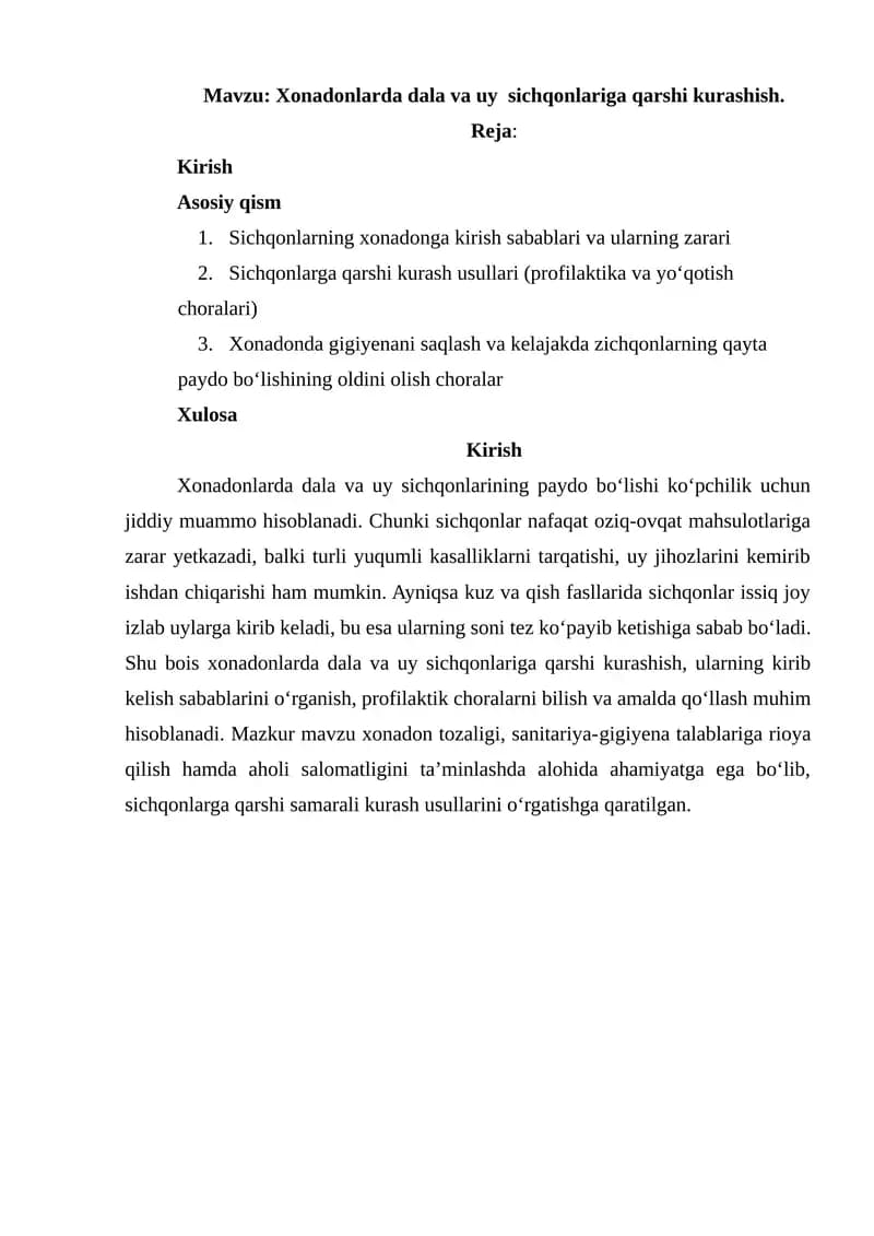 Xonadonlarda dala va uy sichqonlariga qarshi kurashish
