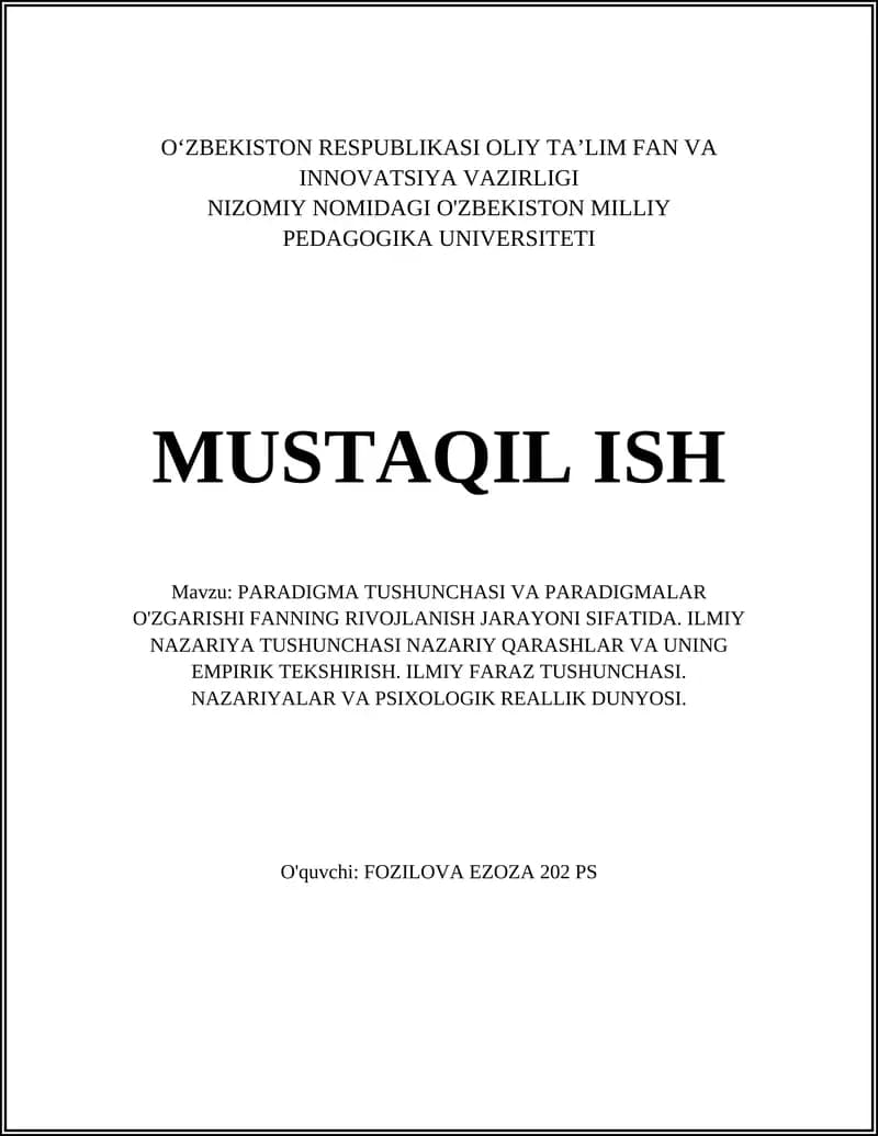 PARADIGMA TUSHUNCHASI VA PARADIGMALAR O'ZGARISHI FANNING RIVOJLANISH JARAYONI SIFATIDA