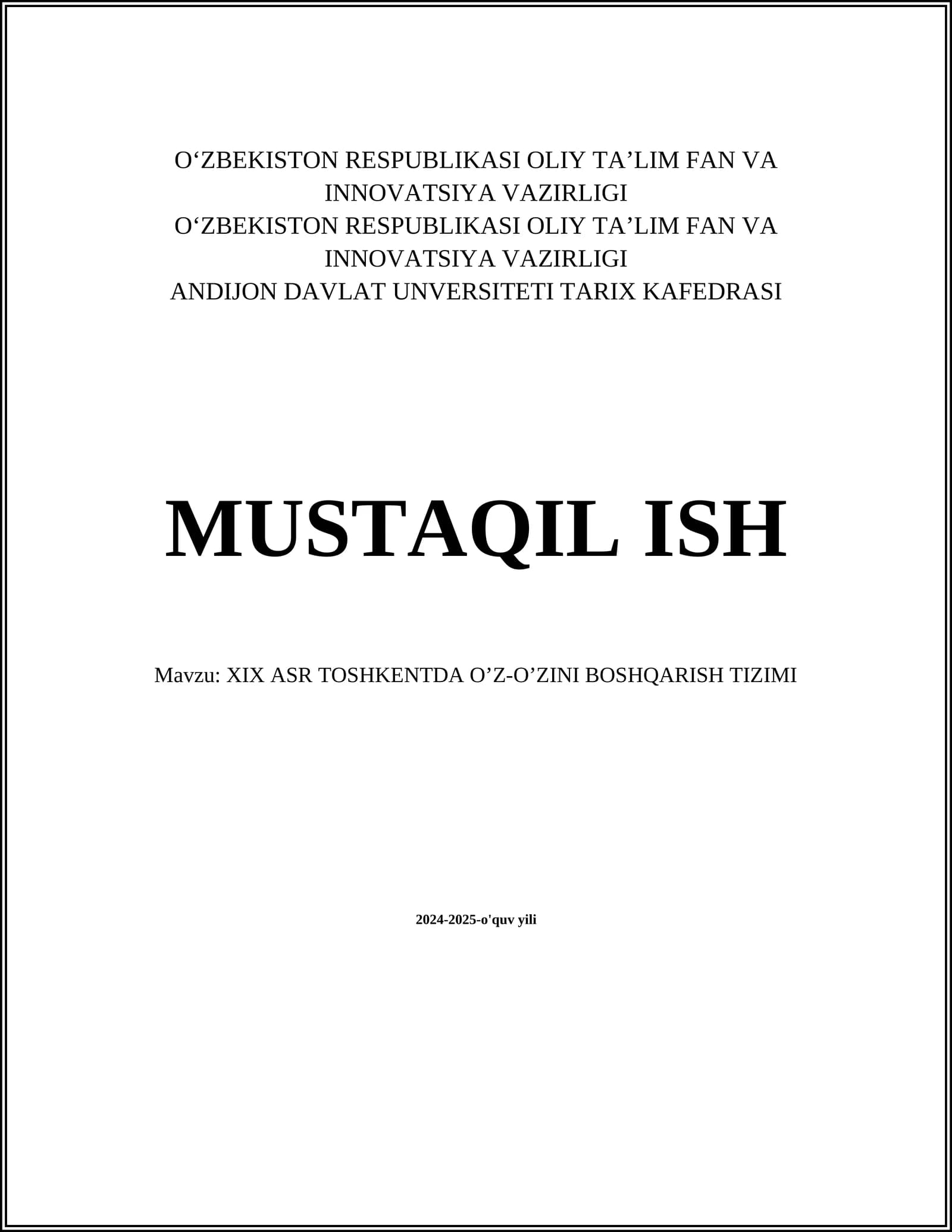 XIX ASR TOSHKENTDA O’Z-O’ZINI BOSHQARISH TIZIMI