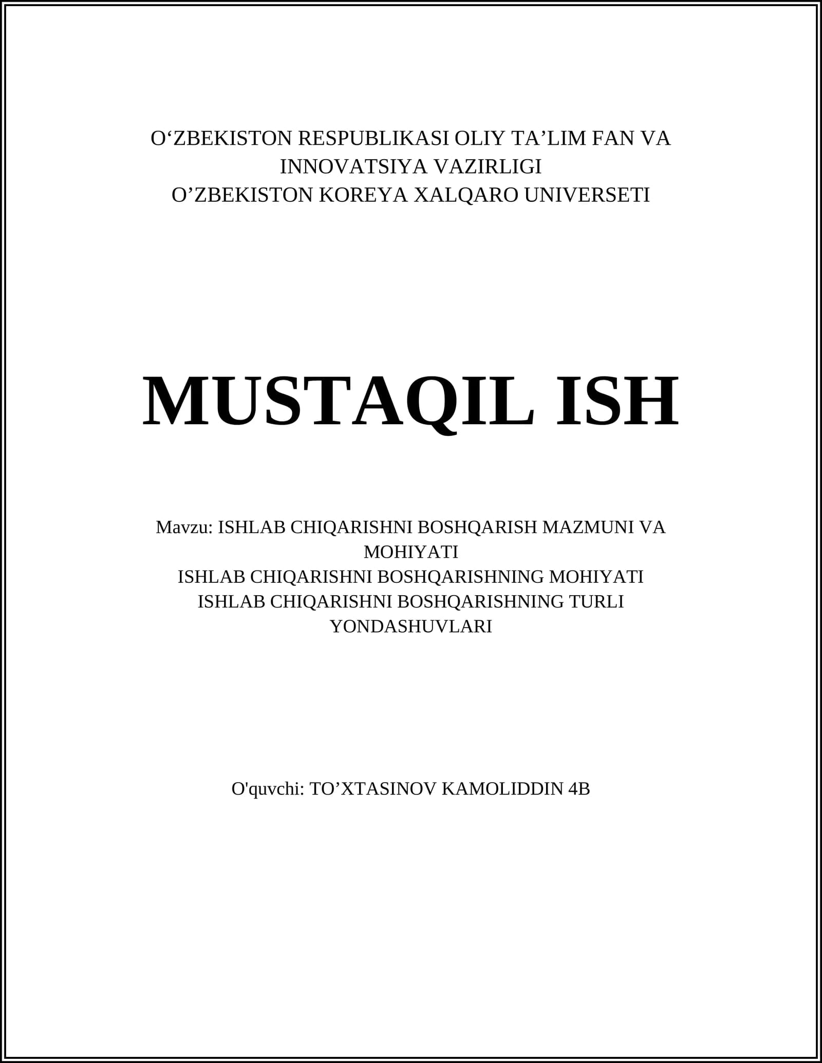 ISHLAB CHIQARISHNI BOSHQARISH MAZMUNI VA MOHIYATI