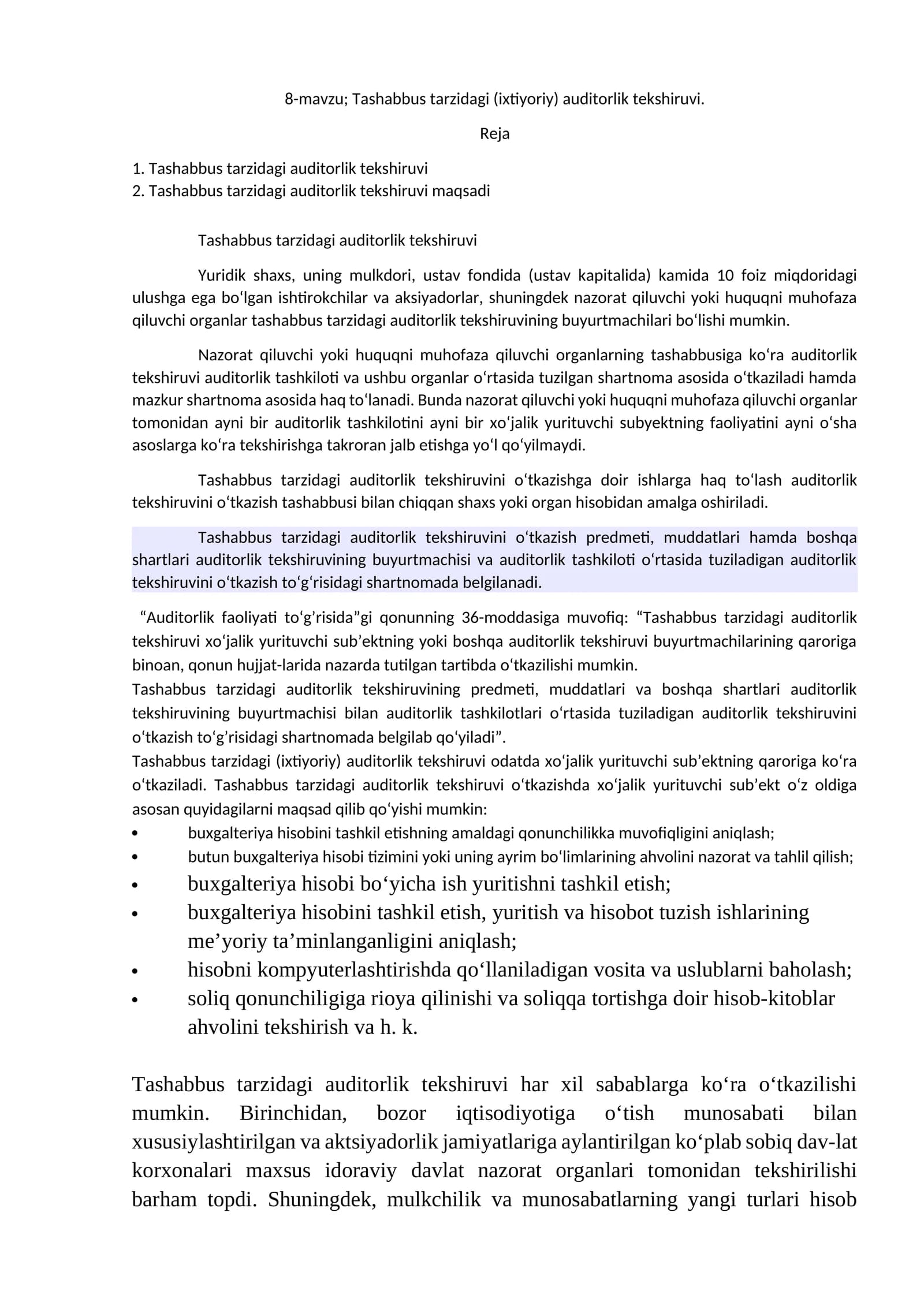 Tashabbus tarzidagi (ixtiyoriy) auditorlik tekshiruvi