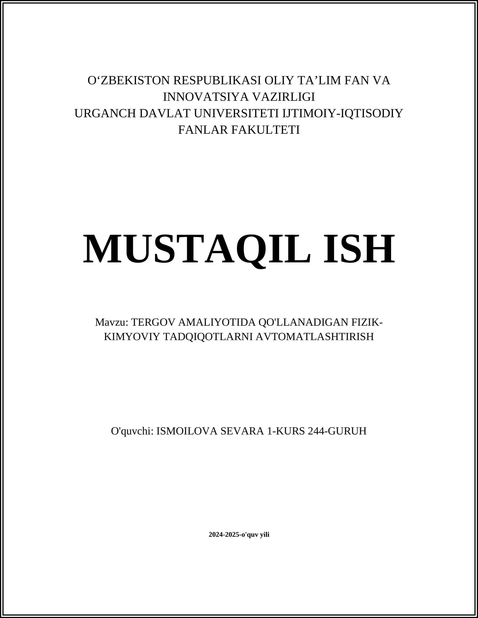 TERGOV AMALIYOTIDA QO'LLANADIGAN FIZIK-KIMYOVIY TADQIQOTLARNI AVTOMATLASHTIRISH