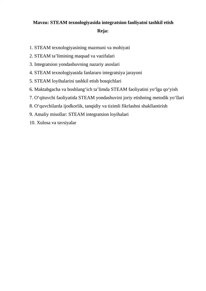 STEAM texnologiyasida integratsion faoliyatni tashkil etish