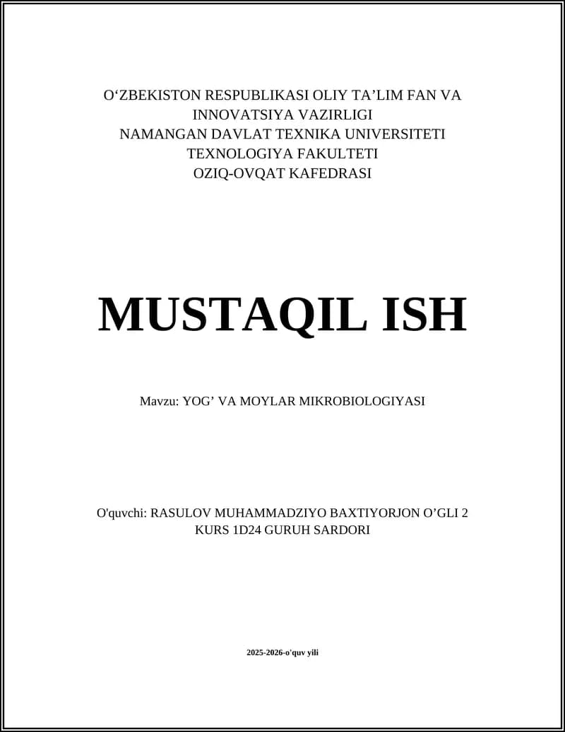 YOG’ VA MOYLAR MIKROBIOLOGIYASI