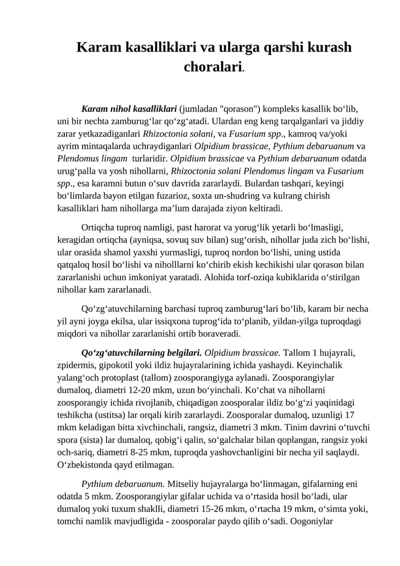 Karam kasalliklari va ularga qarshi kurash choralari