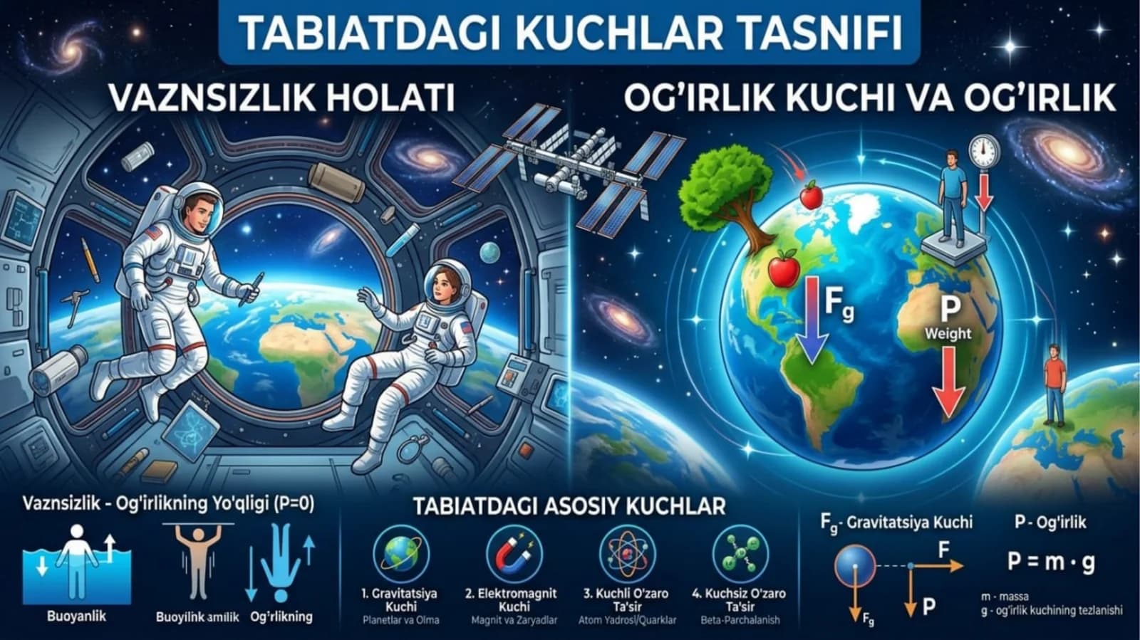 tabiatdagi kuchlar tasnifi. og'rlik kuchi va og'irlik. vazinsizlik holati