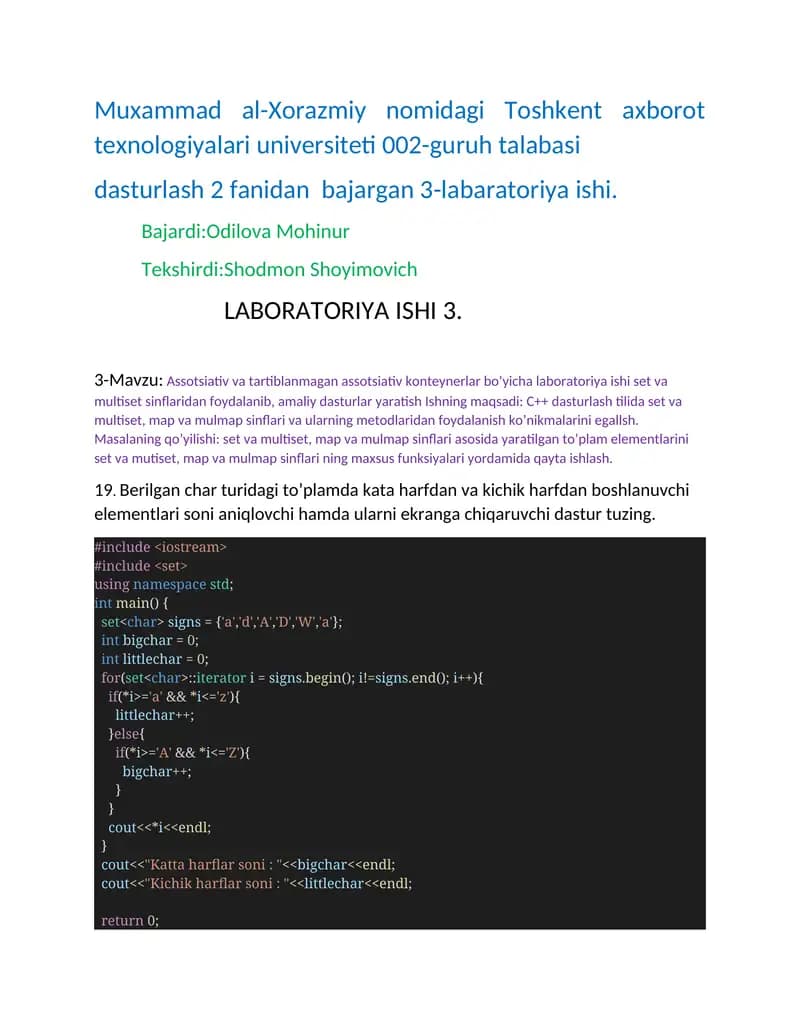 Assotsiativ va tartiblanmagan assotsiativ konteynerlar bo’yicha laboratoriya ishi