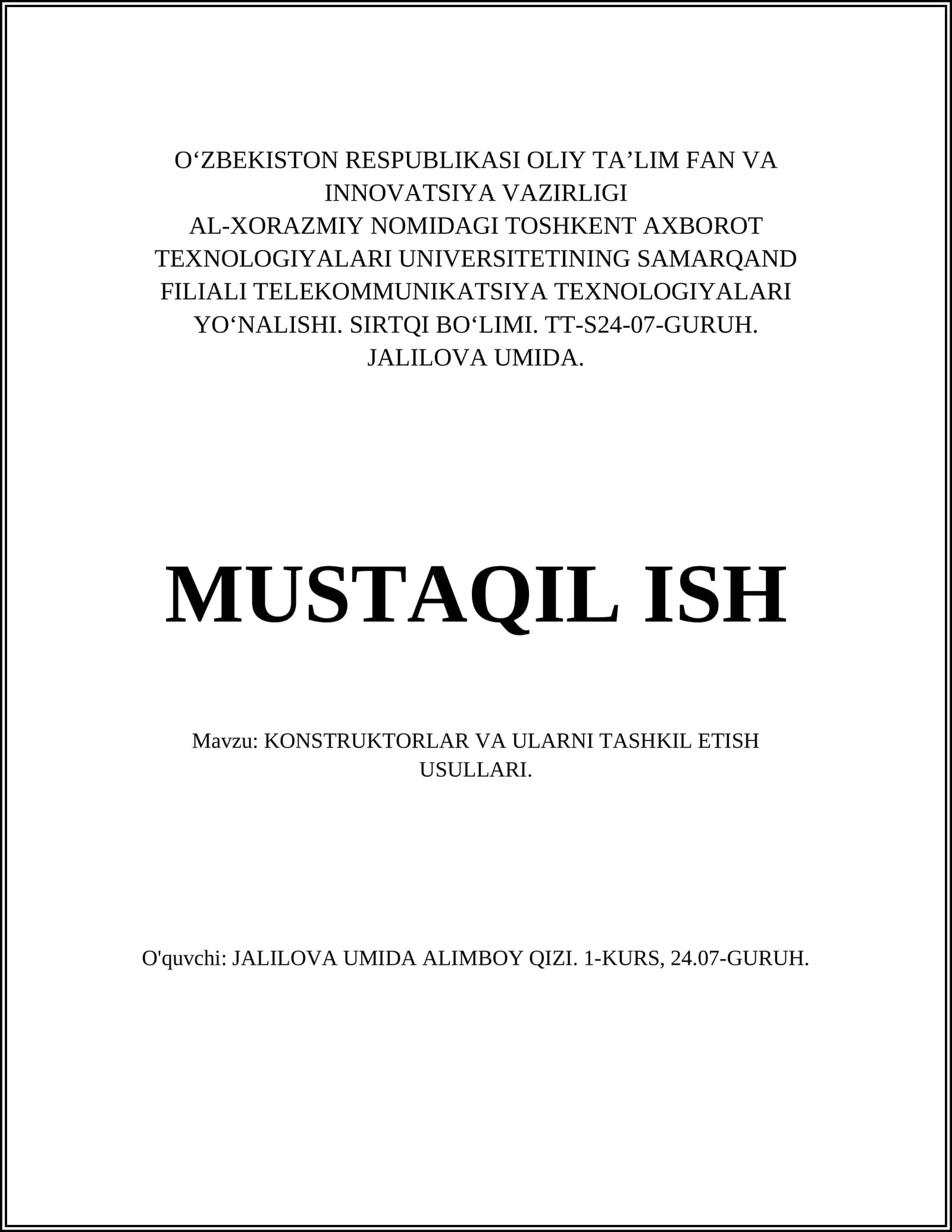 KONSTRUKTORLAR VA ULARNI TASHKIL ETISH USULLARI