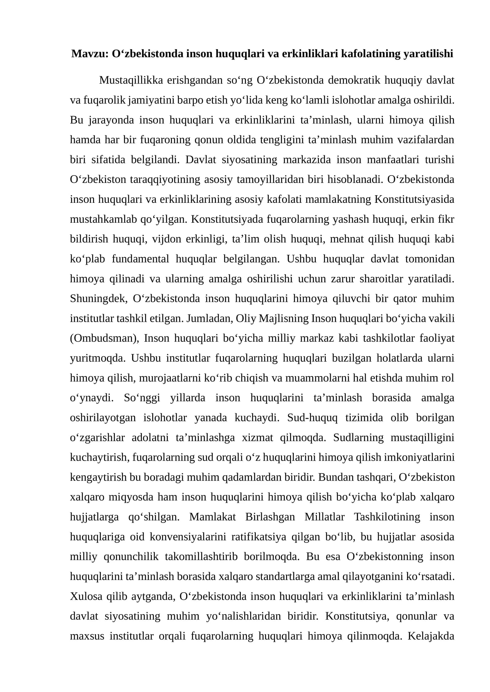 O‘zbekistonda inson huquqlari va erkinliklari kafolatining yaratilishi