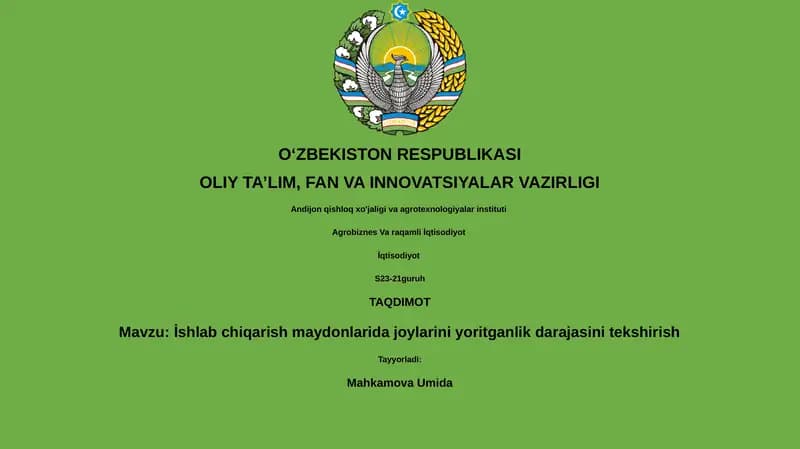 İshlab chiqarish maydonlarida joylarini yoritganlik darajasini tekshirish