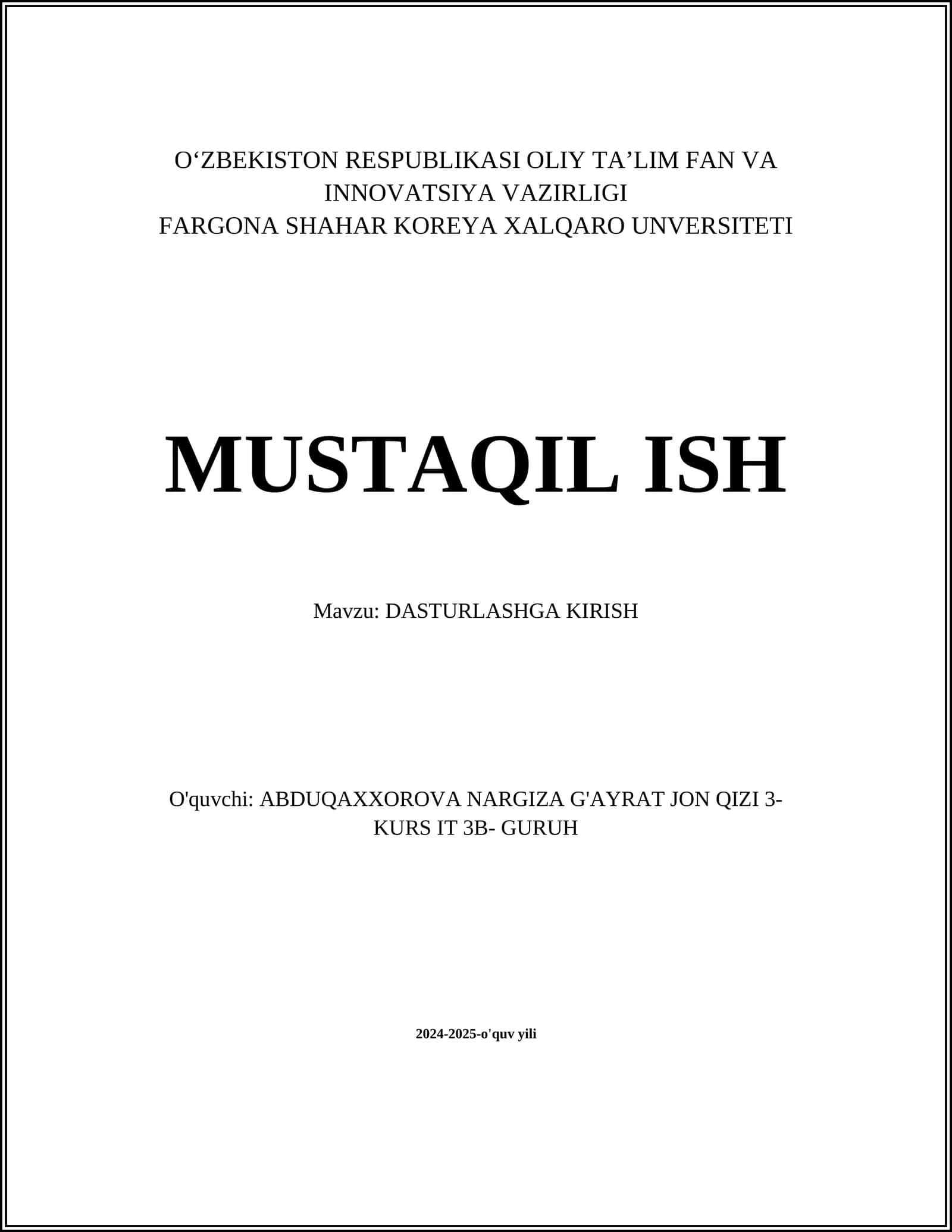 DASTURLASHGA KIRISH