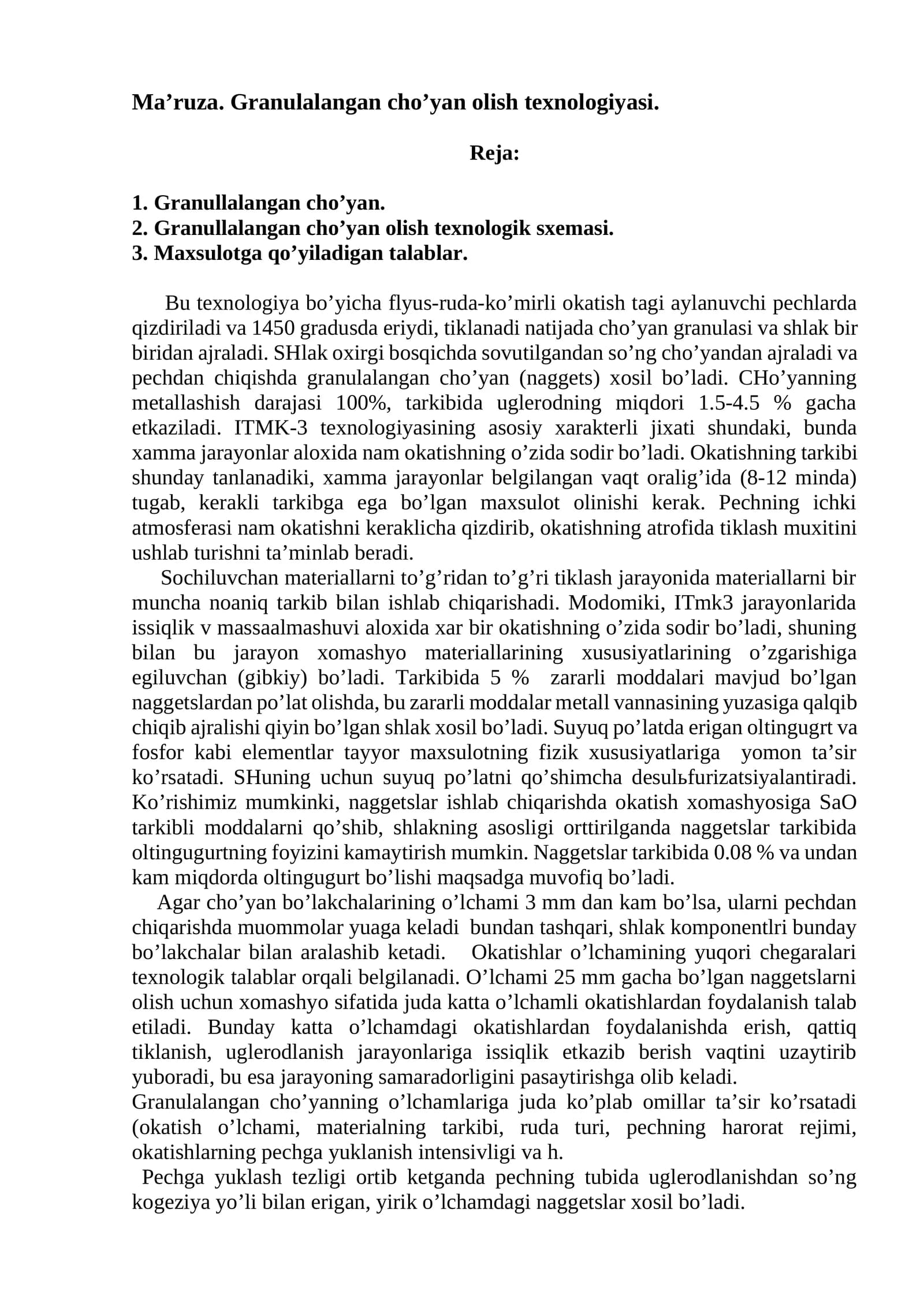 Grаnulаlаngаn cho’yan olish tехnologiyasi