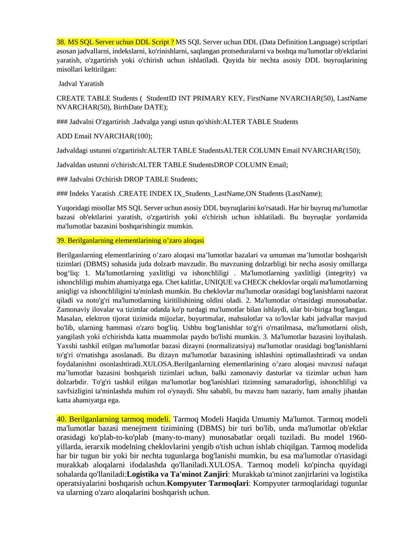 MS SQL Server uchun DDL Script