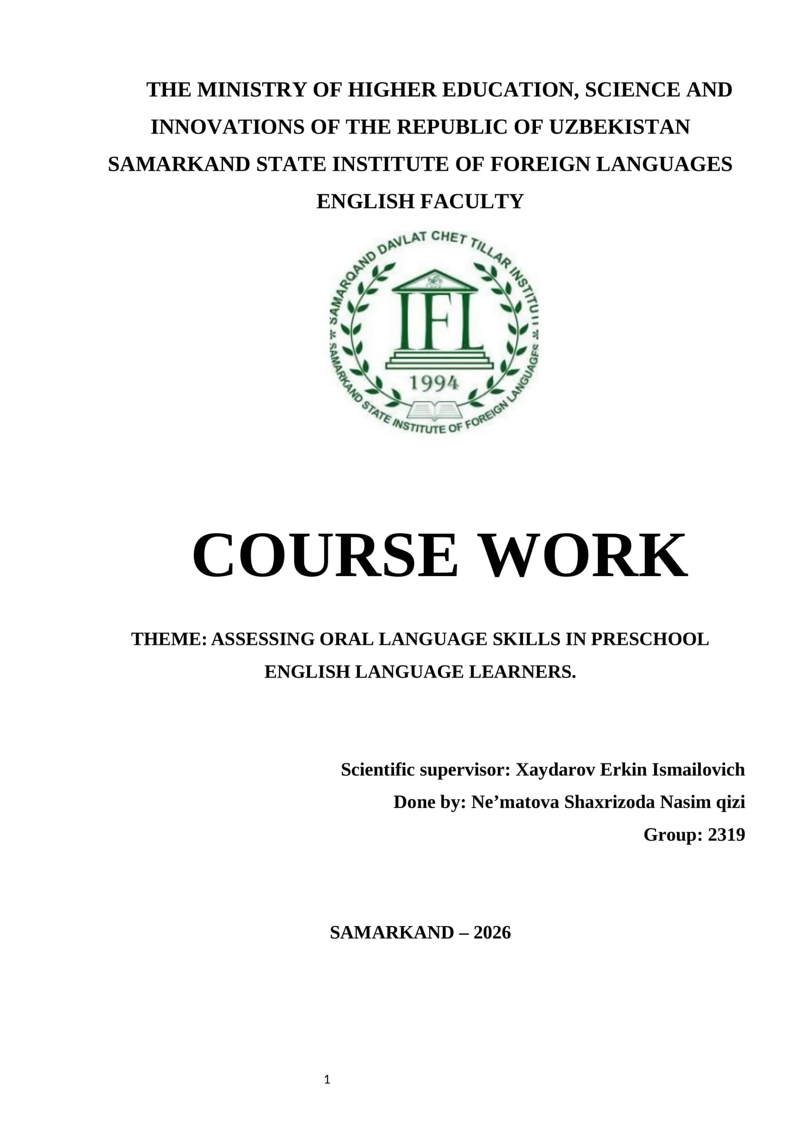 COURSE WORK THE THEME: ASSESSING ORAL LANGUAGE SKILLS IN PRESCHOOL ENGLISH LANGUAGE LEARNERS