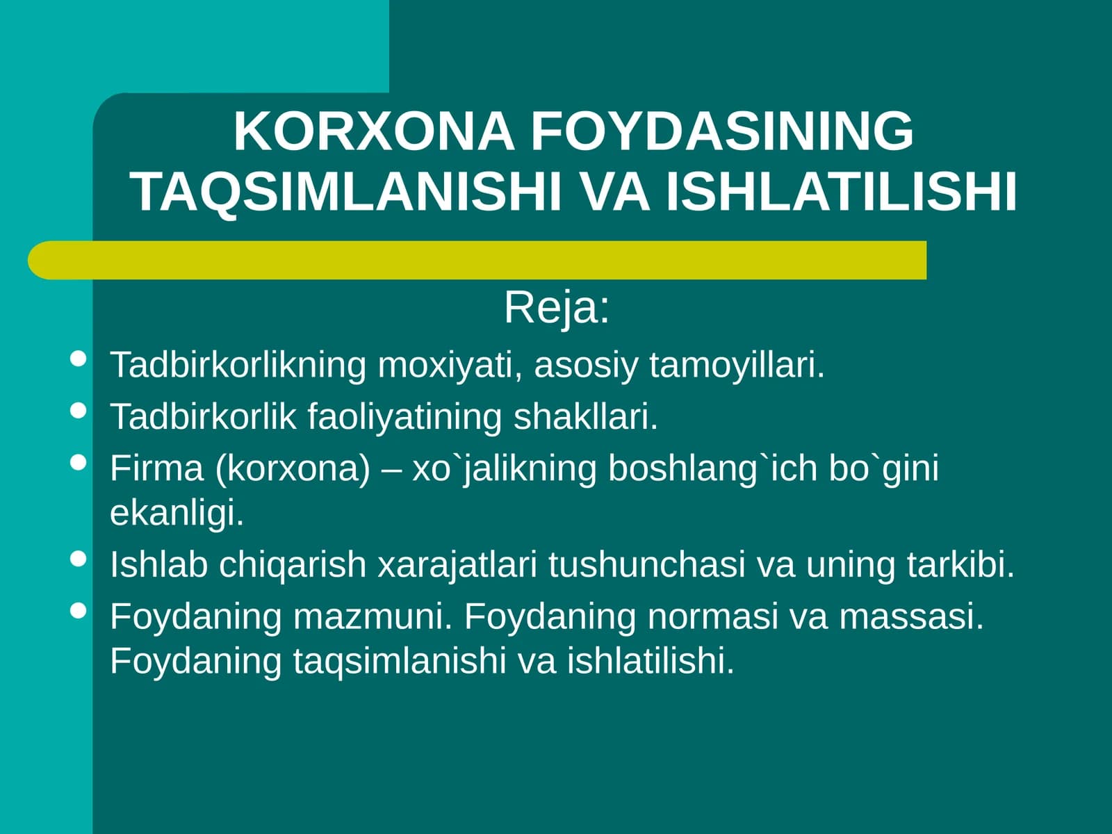 KORXONA FOYDASINING TAQSIMLANISHI VA ISHLATILISHI