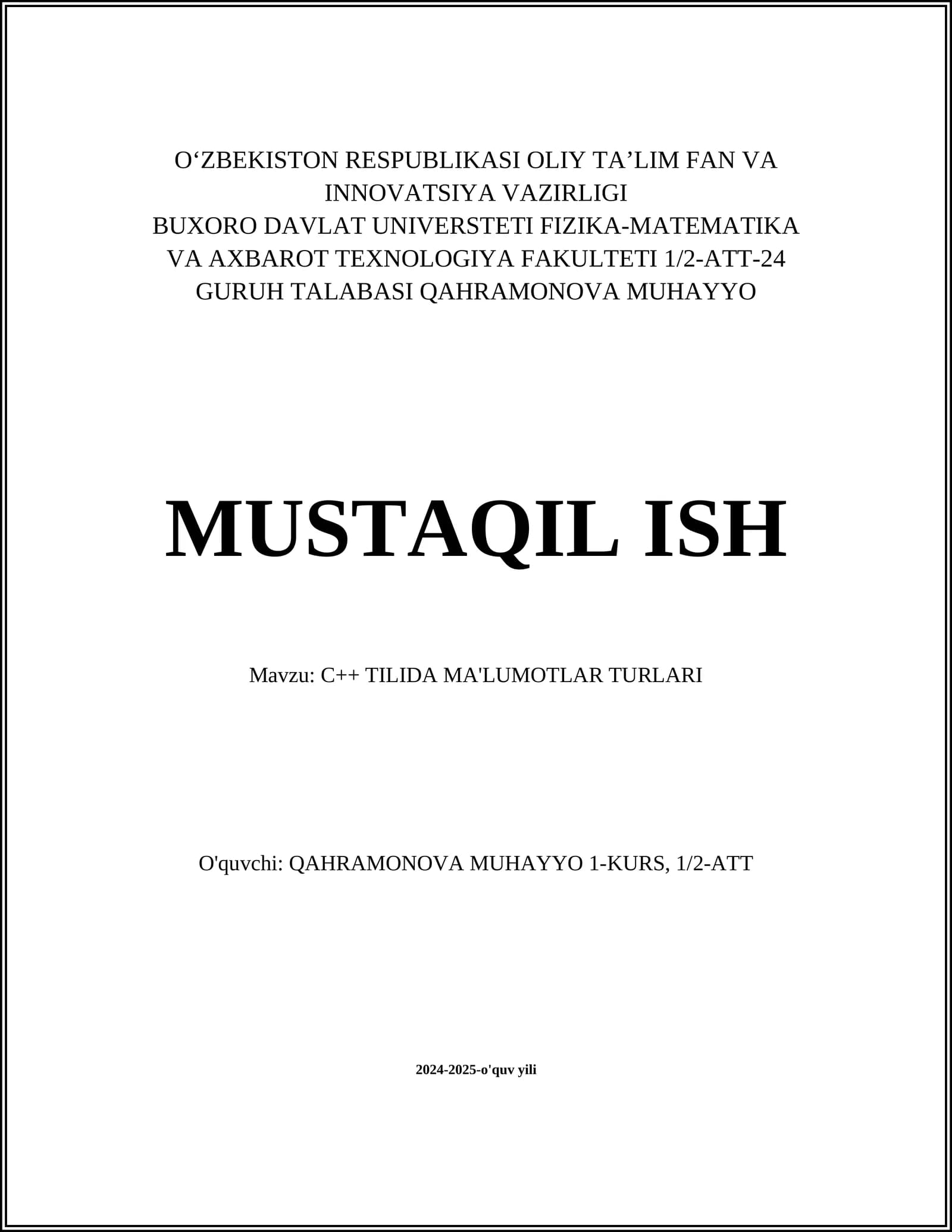 C++ TILIDA MA'LUMOTLAR TURLARI