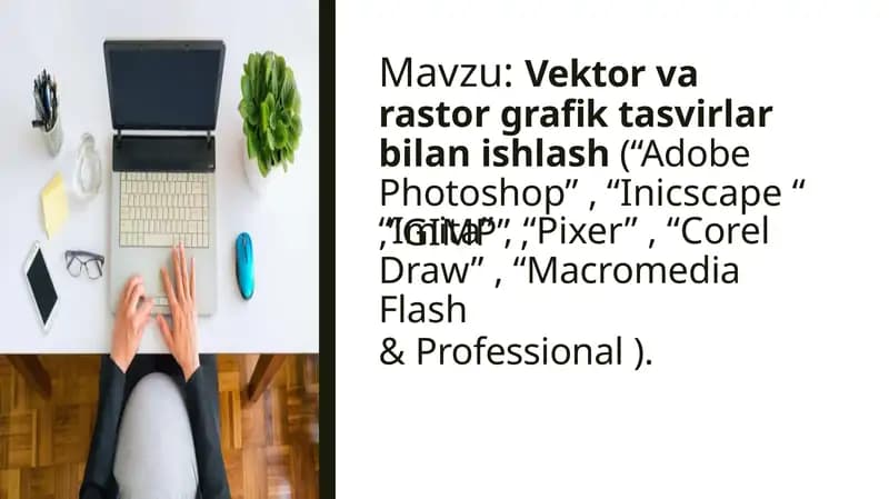 Vektor va rastor grafik tasvirlar bilan ishlash (“Adobe Photoshop” , “Inicscape “ ,”GIMP” , “Imita” , “Pixer” , “Corel Draw” , “Macromedia Flash & Professional )