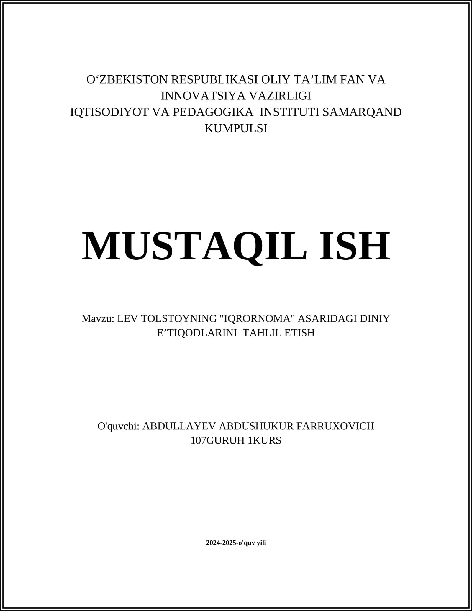 LEV TOLSTOYNING "IQRORNOMA" ASARIDAGI DINIY EʼTIQODLARINI TAHLIL ETISH