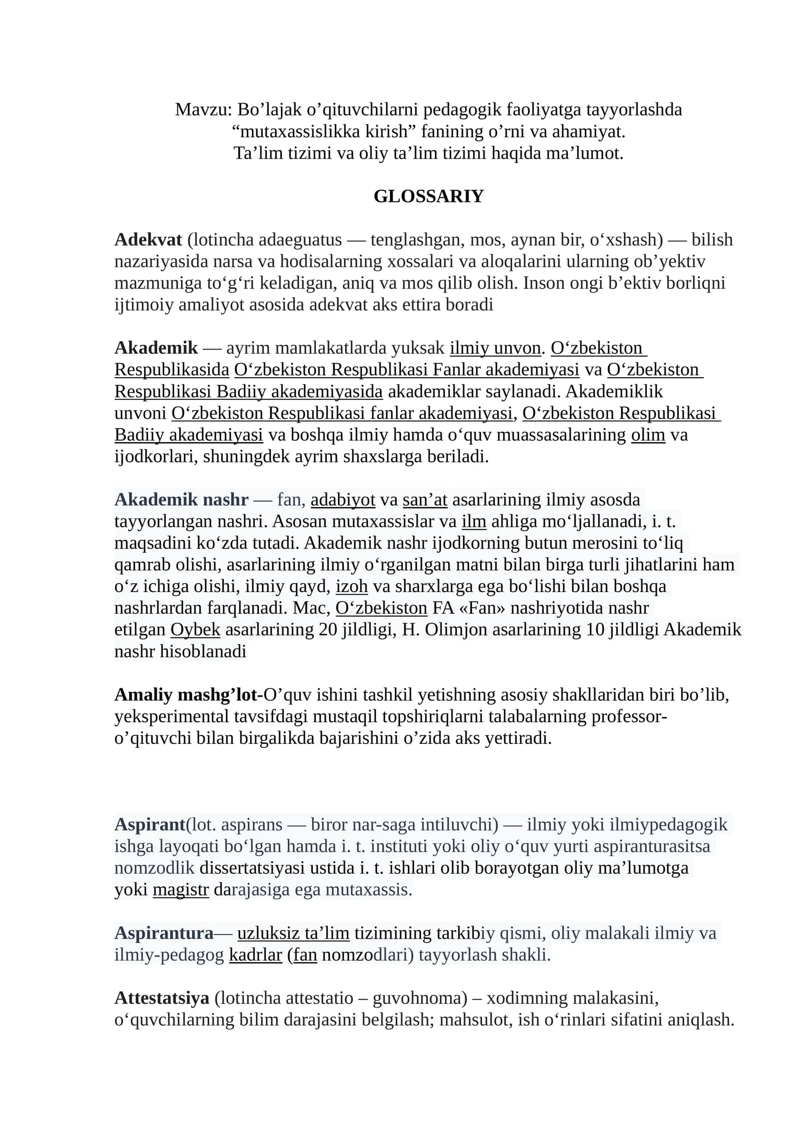 Bo’lajak o’qituvchilarni pedagogik faoliyatga tayyorlashda “mutaxassislikka kirish” fanining o’rni va ahamiyat