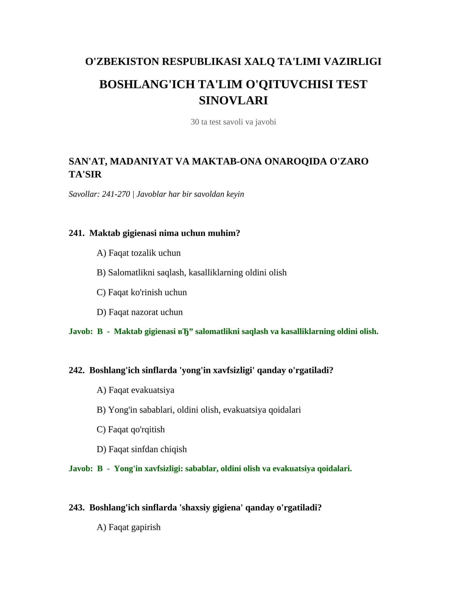 BOSHLANG'ICH TA'LIM O'QITUVCHISI TEST SINOVLARI