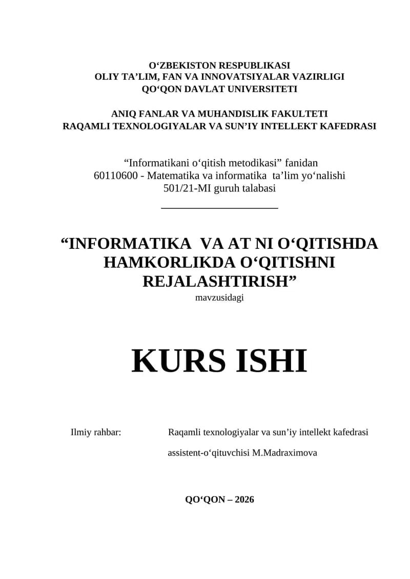 INFORMATIKA  VA AT NI O‘QITISHDA HAMKORLIKDA O‘QITISHNI REJALASHTIRISH