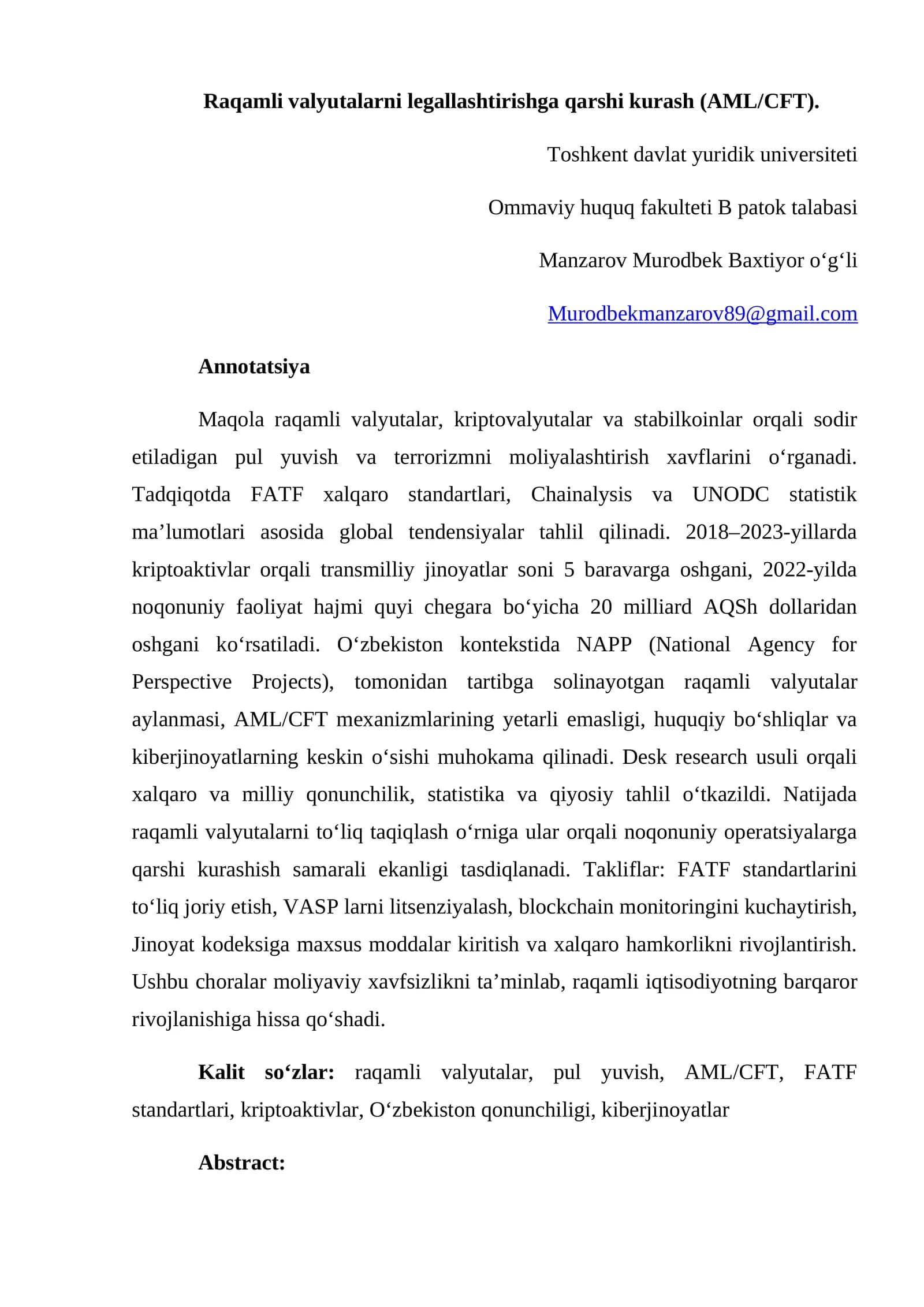 Raqamli valyutalarni legallashtirishga qarshi kurash AML/CFT