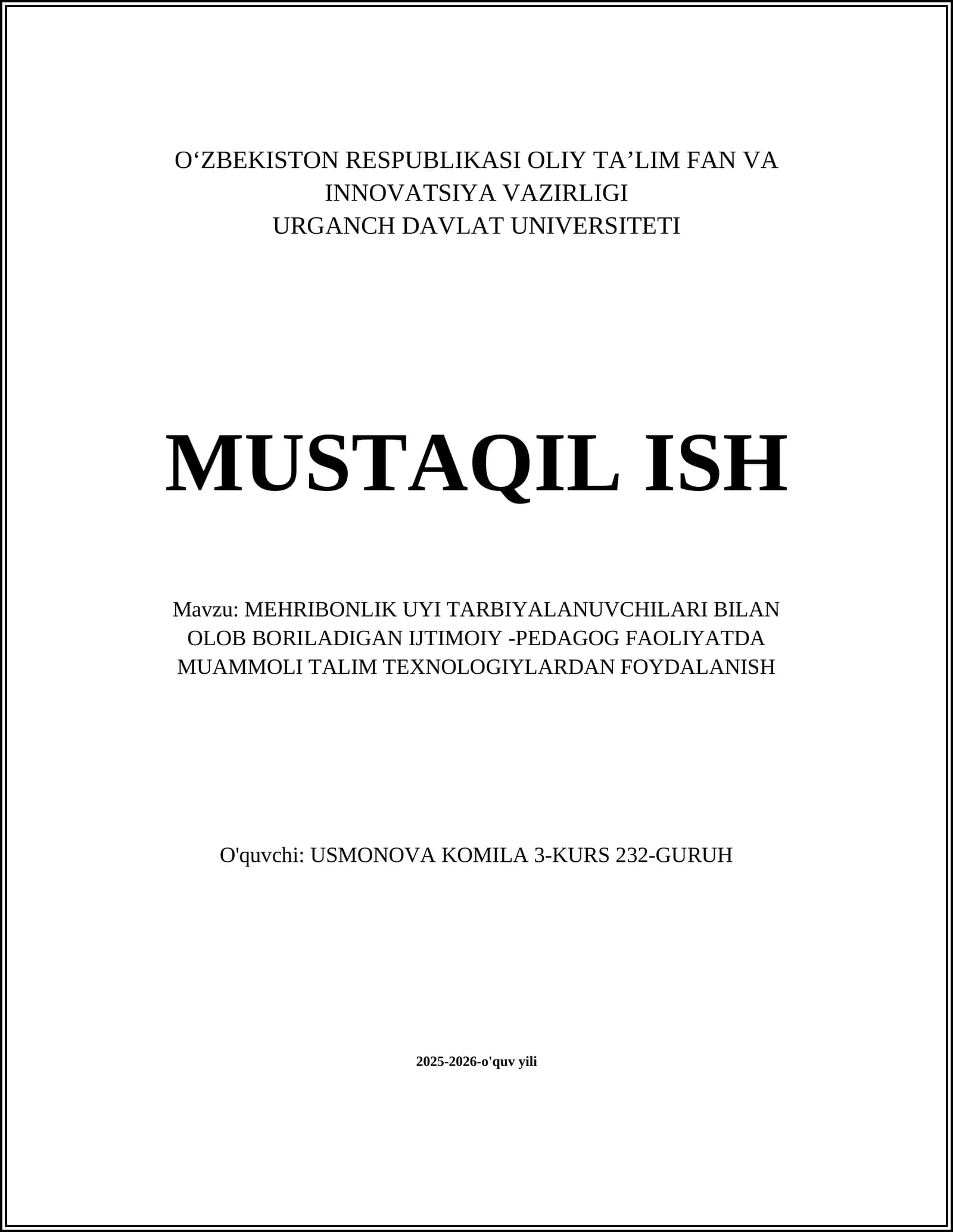 MEHRIBONLIK UYI TARBIYALANUVCHILARI BILAN OLOB BORILADIGAN IJTIMOIY -PEDAGOG FAOLIYATDA MUAMMOLI TALIM TEXNOLOGIYLARDAN FOYDALANISH